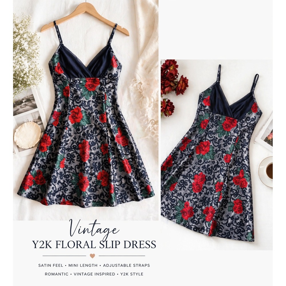 Y2K Floral Satin Slip Dress‎ Large Grunge Coquette Mini Dark Romantic Goth